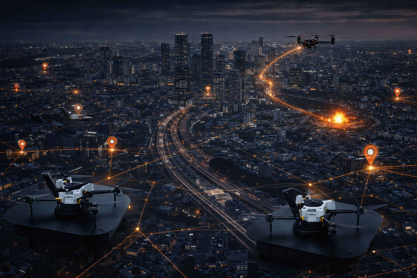 Drones flying over a cityscape at night with illuminated roads and buildings.