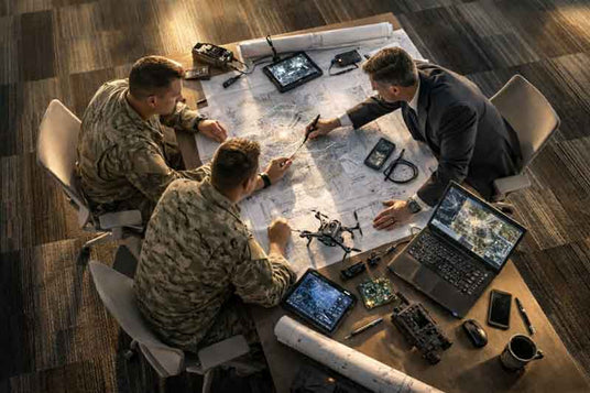 Executive technology development planning session for ISR with three top leaders at a table looking at blueprints and various technologies on the table