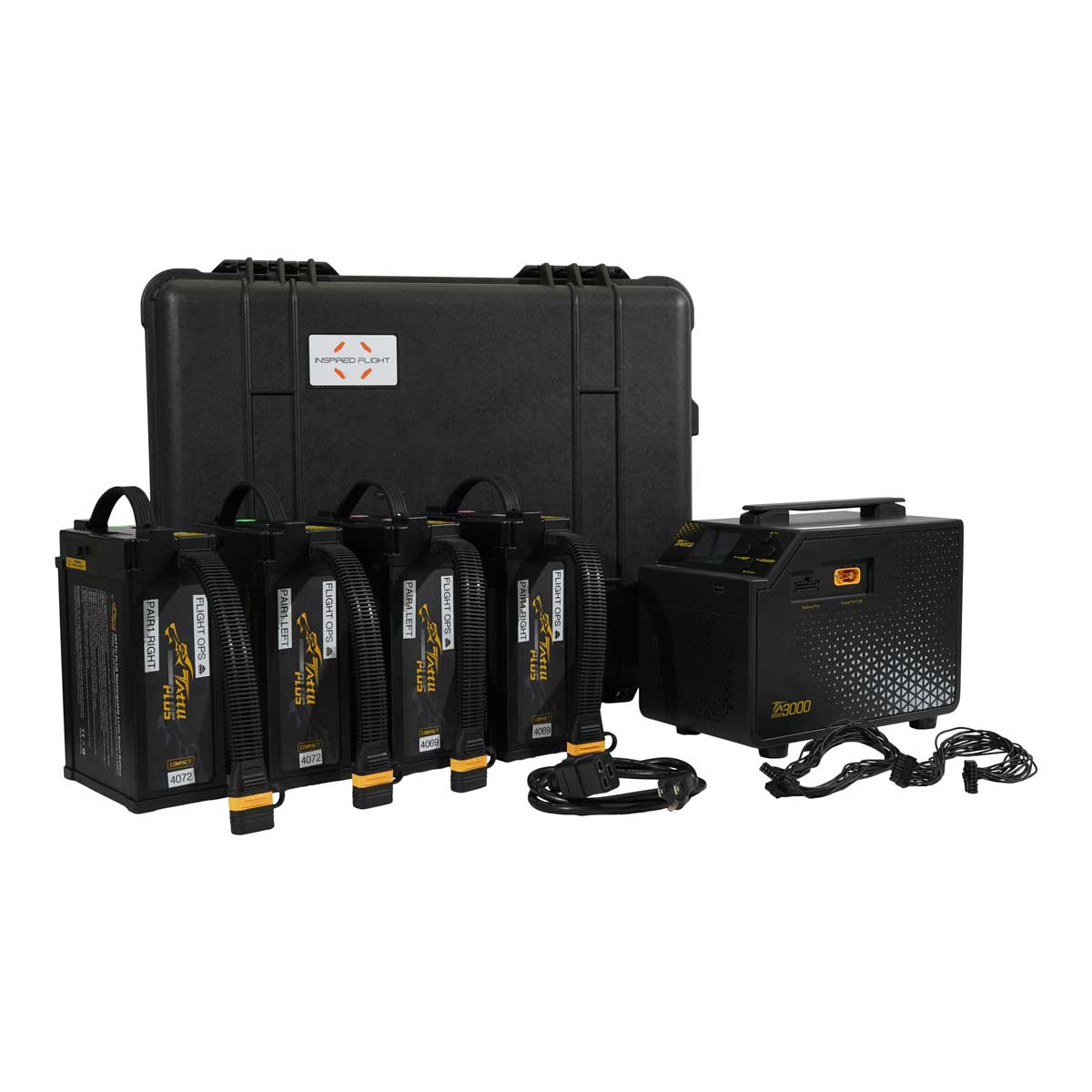 A black portable power station kit with four attached battery modules, a hard carrying case, a power supply unit, and cables on a plain white background.