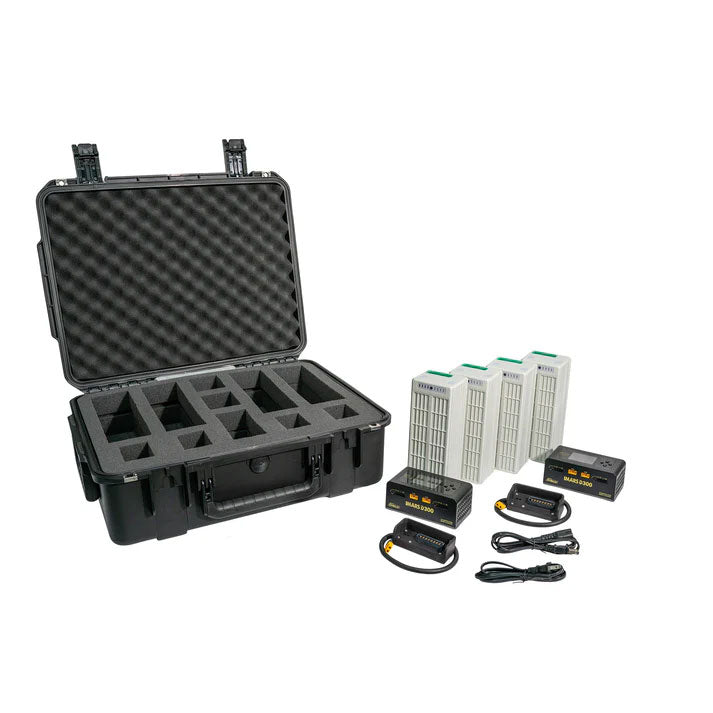 drone flight battery kit and chargers with an equipment case in the background