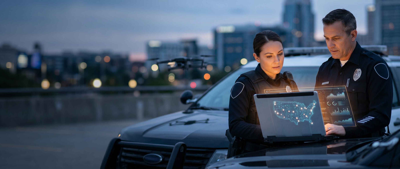 Two police officers using a laptop on a rooftop at night with city lights in the background