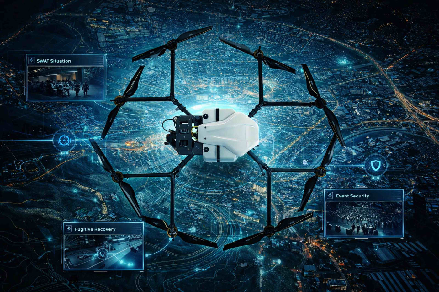 Drones with a digital interface overlay on a dark background