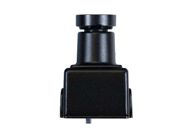 A black cylindrical mounting bracket or adapter with a square base, shown against a plain white background.