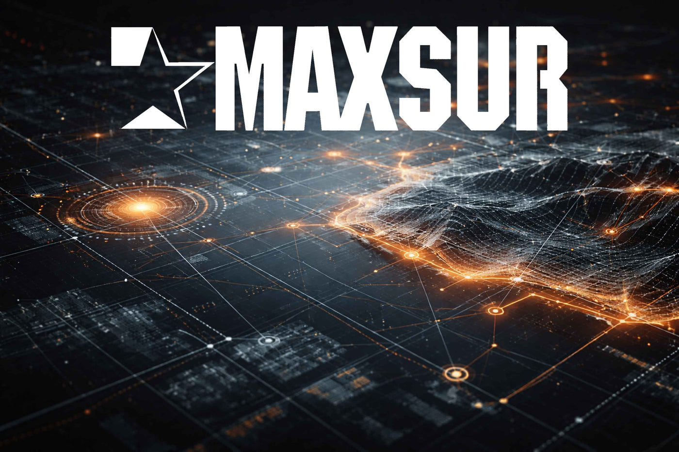 MAXSUR logo with a futuristic background of glowing lines and dots.