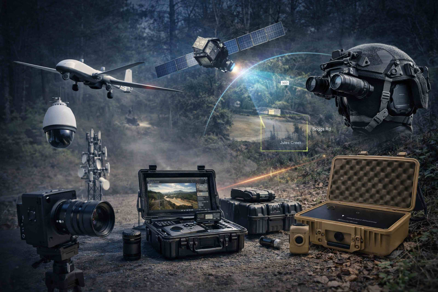 Collection of surveillance equipment including cameras, drones, and satellite in a forest setting.