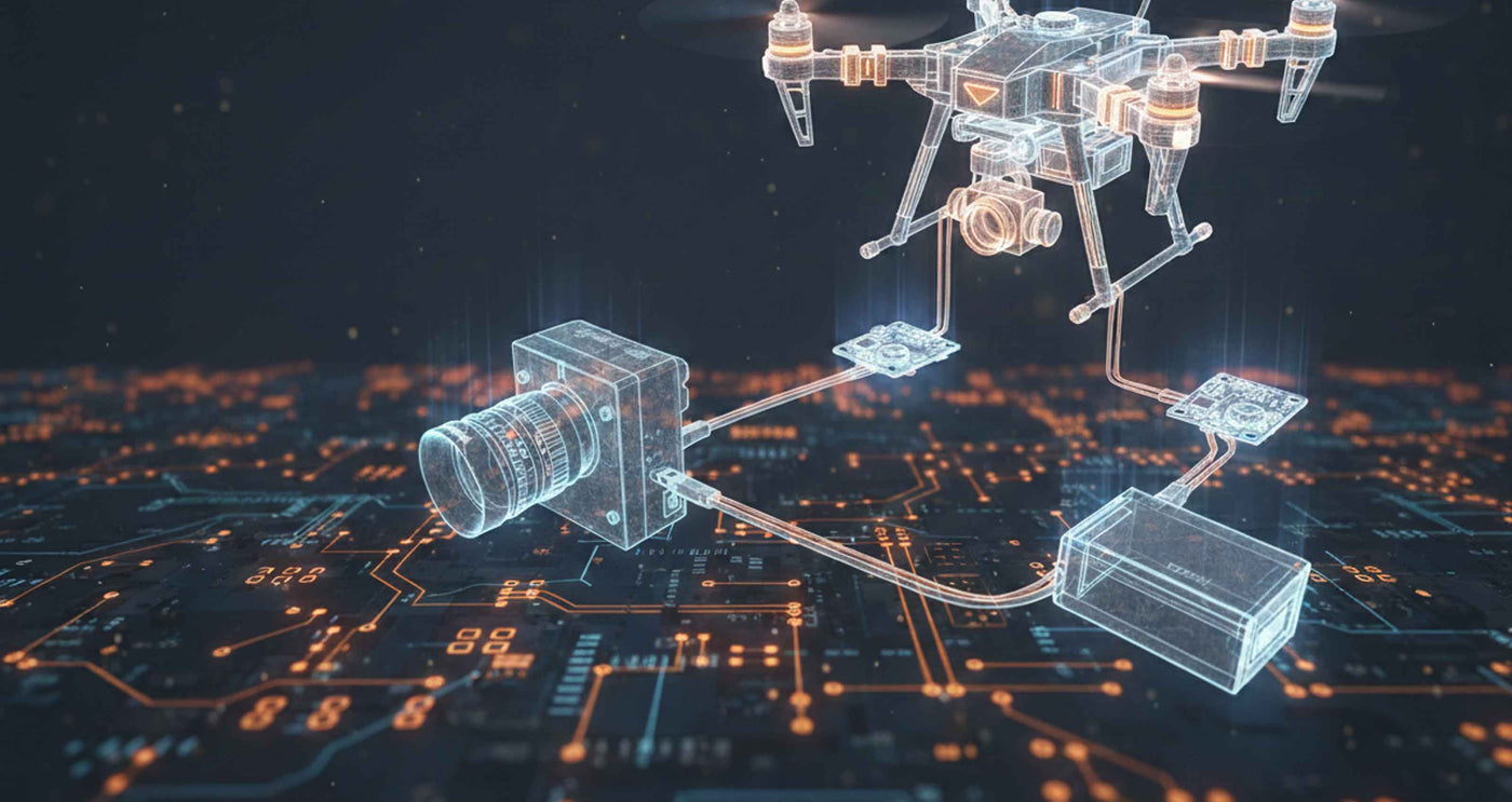 Drones with camera equipment on a digital circuit board background