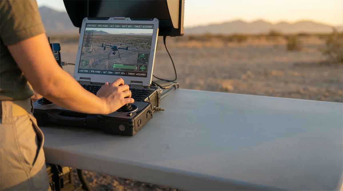 Person using a laptop with a drone software interface in a desert setting