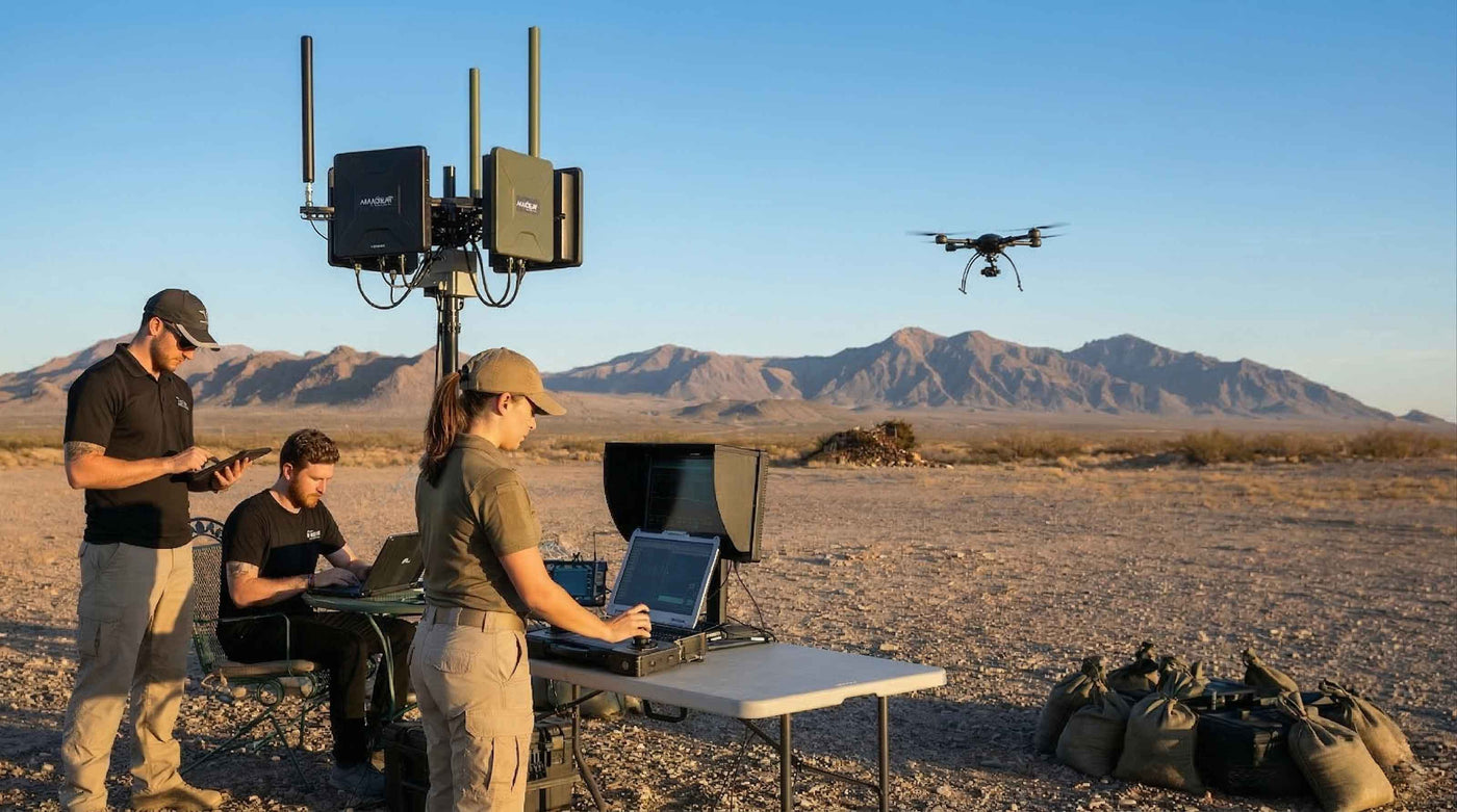 People operating a drone in a desert setting with mountains in the background