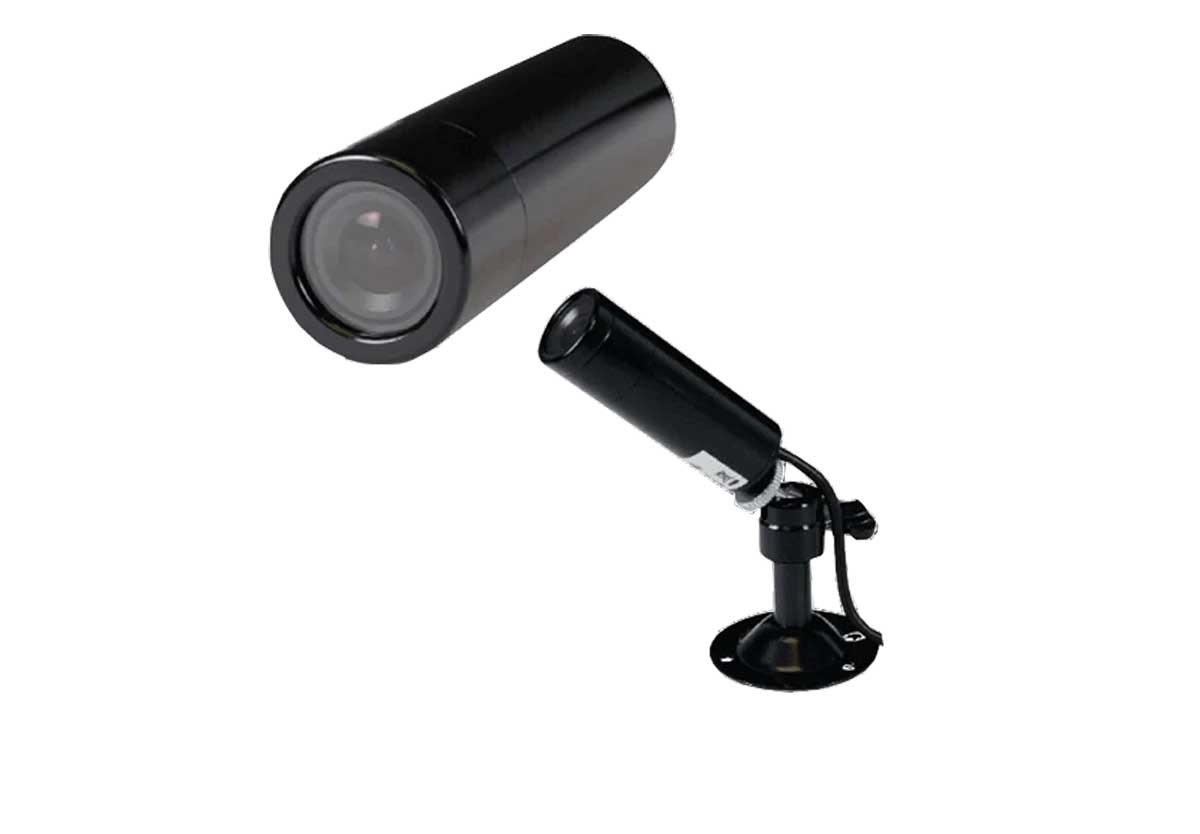 A black cylindrical spotlight or camera lens shown in two views: one as a standalone cylindrical head and one mounted on a black adjustable stand with a round base, isolated on a white background.
