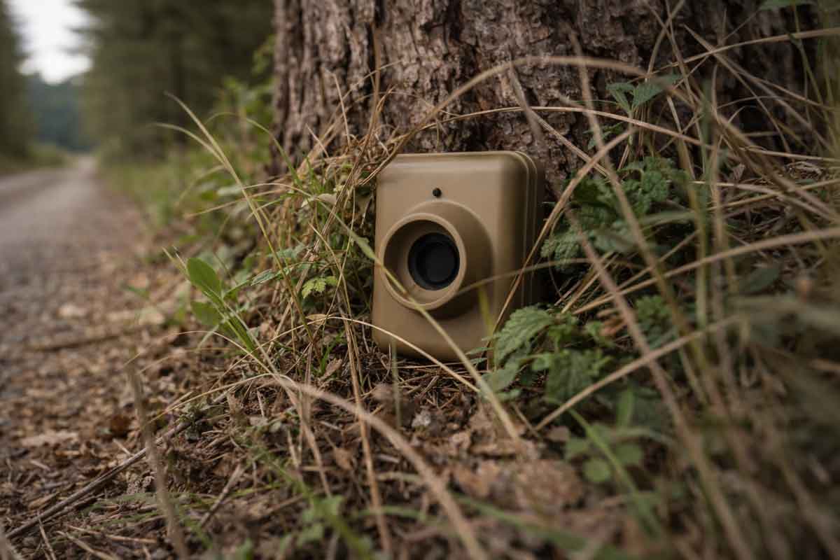 Camouflage camera trap hidden among trees and grass in a forest setting