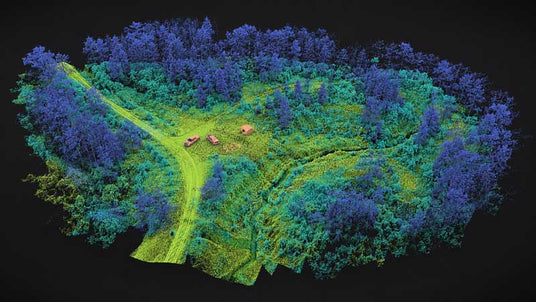 A 3D digital terrain model or LiDAR scan of a forested island, showing green and blue vegetation with a yellow-green dirt road, isolated on a black background.