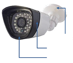Surveillance camera with infrared illumination and adjustable lens inside of weatherproof housing