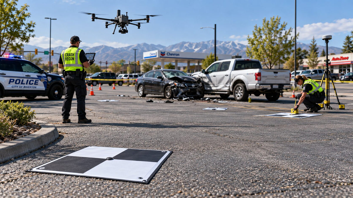 Law enforcement drone mapping a crash scene with ground control targets for photogrammetry and 3D reconstruction