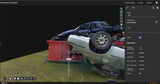 A 3D digital model of a damaged silver car and a red dumpster on a grassy terrain, shown within the software interface of PKM Dynamic with measurement and metadata panels visible on the right.