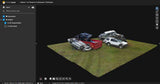 A 3D digital render showing a small grassy platform with three damaged cars: a silver sedan, a red pickup truck bed, and a white SUV. The scene appears inside software with a dark interface and side panel visible.