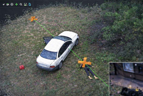 Aerial view of a white car with a person lying in a crime scene, surrounded by greenery.