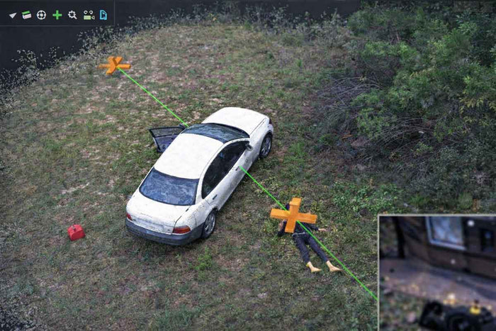 Aerial view of a white car with a person lying in a crime scene, surrounded by greenery.