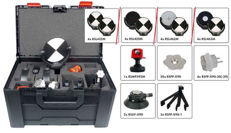 A black hard carrying case shown open, filled with surveying and leveling accessories, alongside a grid of smaller inset product views and labels including circular leveling targets, red-and-black leveling instruments, mounting pieces, and a tripod on a white background.