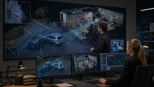 A man and a woman in a dark control room monitor a large wall-mounted surveillance display showing a 3D model of a nighttime outdoor murder scene with cars and a building, alongside smaller on-screen feeds and data graphics.
