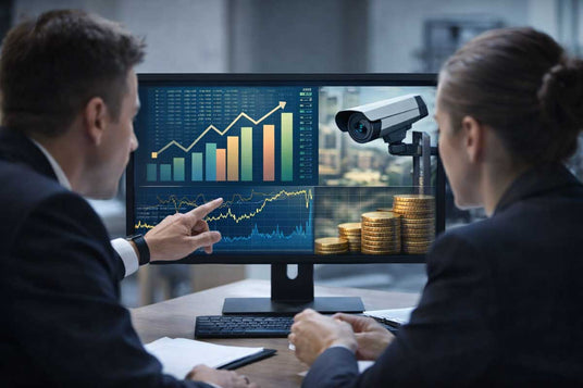 Two professionals analyzing financial data and security footage on a computer screen.