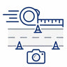 A blue and white line-art icon depicting a measuring tape, a road with stakes, and a camera, likely representing measurement or photo service features.