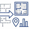 Blue and gray line icons representing floor plans, architectural layouts, location markers, and bar charts on a white background.