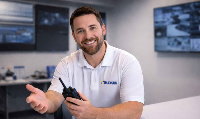 Man in a white shirt with a Maxsur logo holding a walkie-talkie in an office setting.