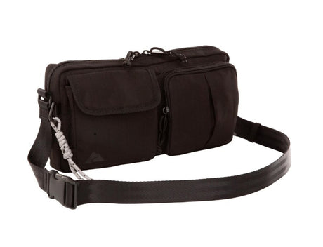Black waist bag for body worn covert gear with a strap on a white background