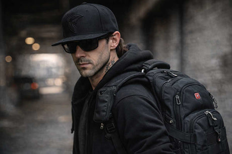 Man wearing a black cap and sunglasses with a black backpack in an urban setting