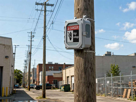 covert utility box camera mounted on wood distribution pole with a urban background