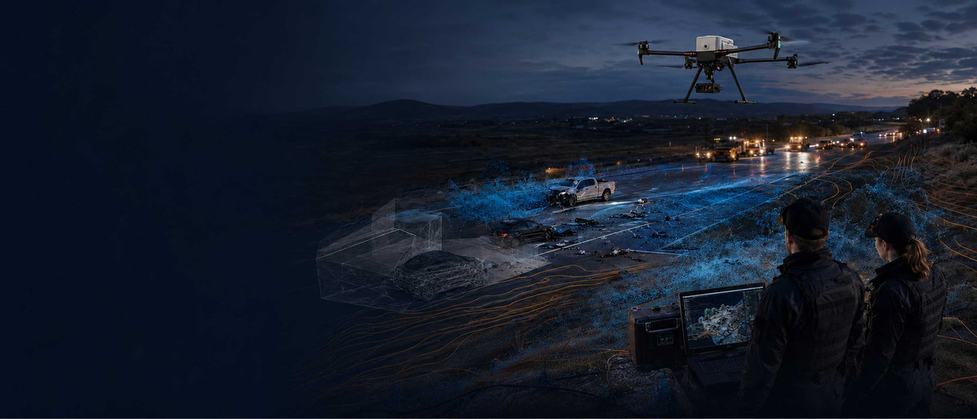 A dark, dramatic scene showing a quadcopter drone flying over a nighttime outdoor crime accident scene with blue illuminated effects, while two people watch from a control console in the foreground.