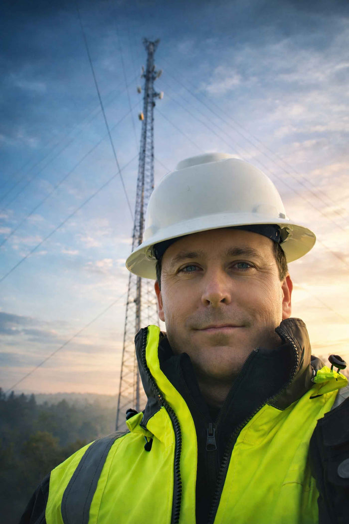 Critical infrastructure worker in hard hat and reflective vest with cell tower in background