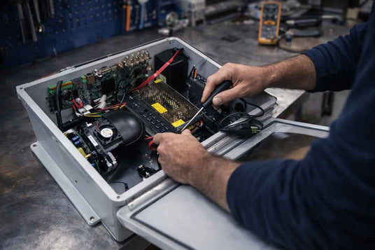 Person working on electronic components inside a open box in a workshop setting.