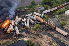 A train derailment with burning cars near a body of water and trees.