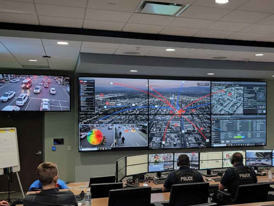 Control room with multiple monitors displaying traffic and security information, with police officers seated at desks.