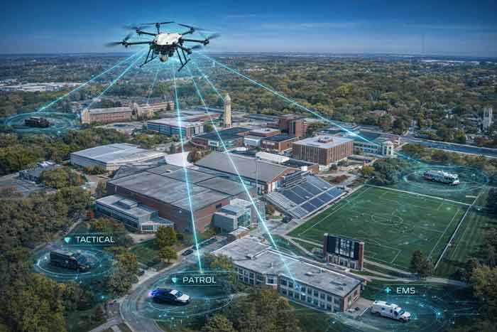 Drones over a campus with network connections labeled TACTICAL, PATROL, and EMS.