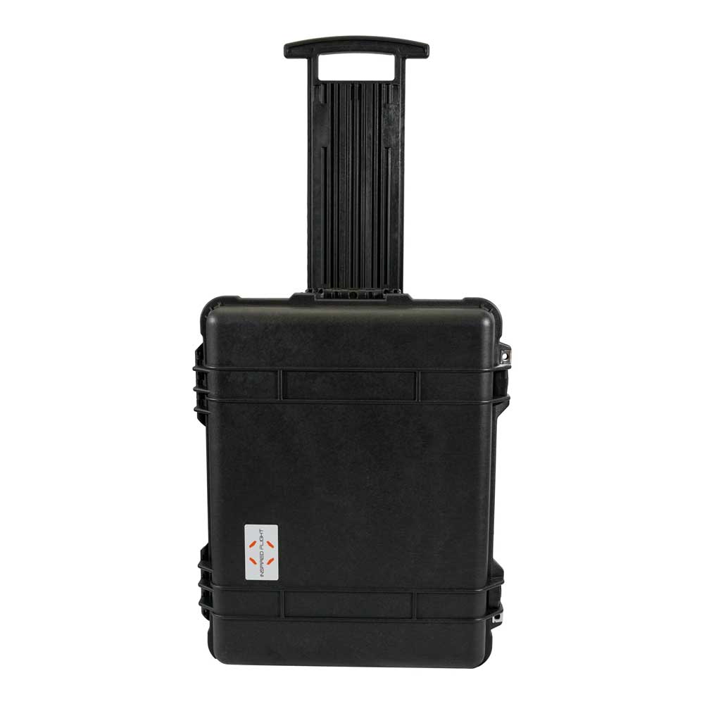 A black hard-shell rolling equipment case with an extended telescoping handle, shown from the back against a plain white background.