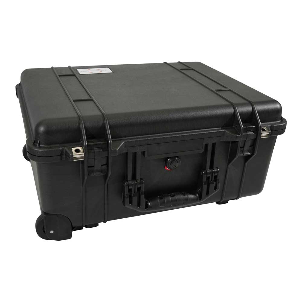 A heavy-duty black hard case with a rugged textured shell, reinforced latches, a top handle, and a small black wheel on the bottom left, shown on a plain white background.
