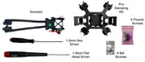 Drone frame leveling kit and damping kit components laid out on a white background, including a dovetail, pro damping kit, hex driver, flat head driver, and thumb screws.