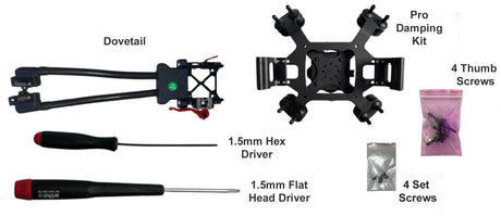 Drone frame leveling kit and damping kit components laid out on a white background, including a dovetail, pro damping kit, hex driver, flat head driver, and thumb screws.
