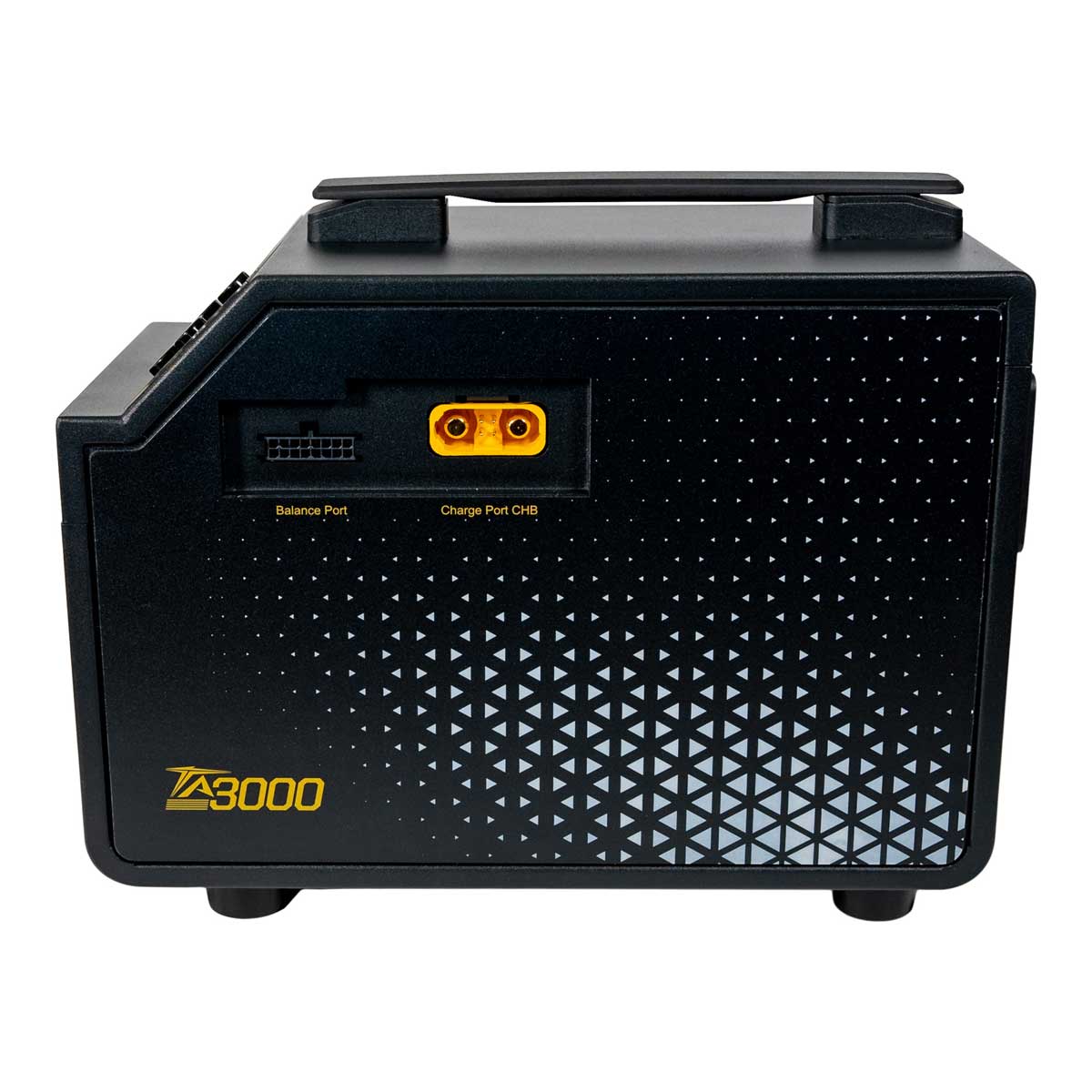 A black Z3000 portable power station with a geometric pattern on the front, featuring a top handle, balance port, and orange charge port cable connector, shown against a plain white background.