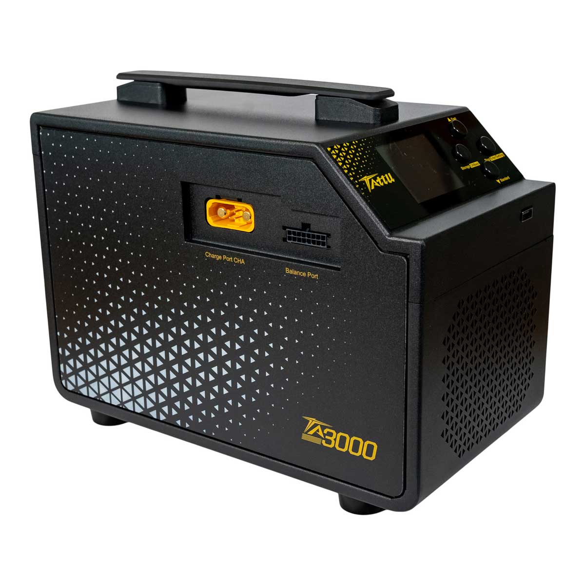 A black Taku Z3000 portable electric vehicle charger with a textured geometric pattern on the front panel, a top handle, and a digital display screen on the top right.