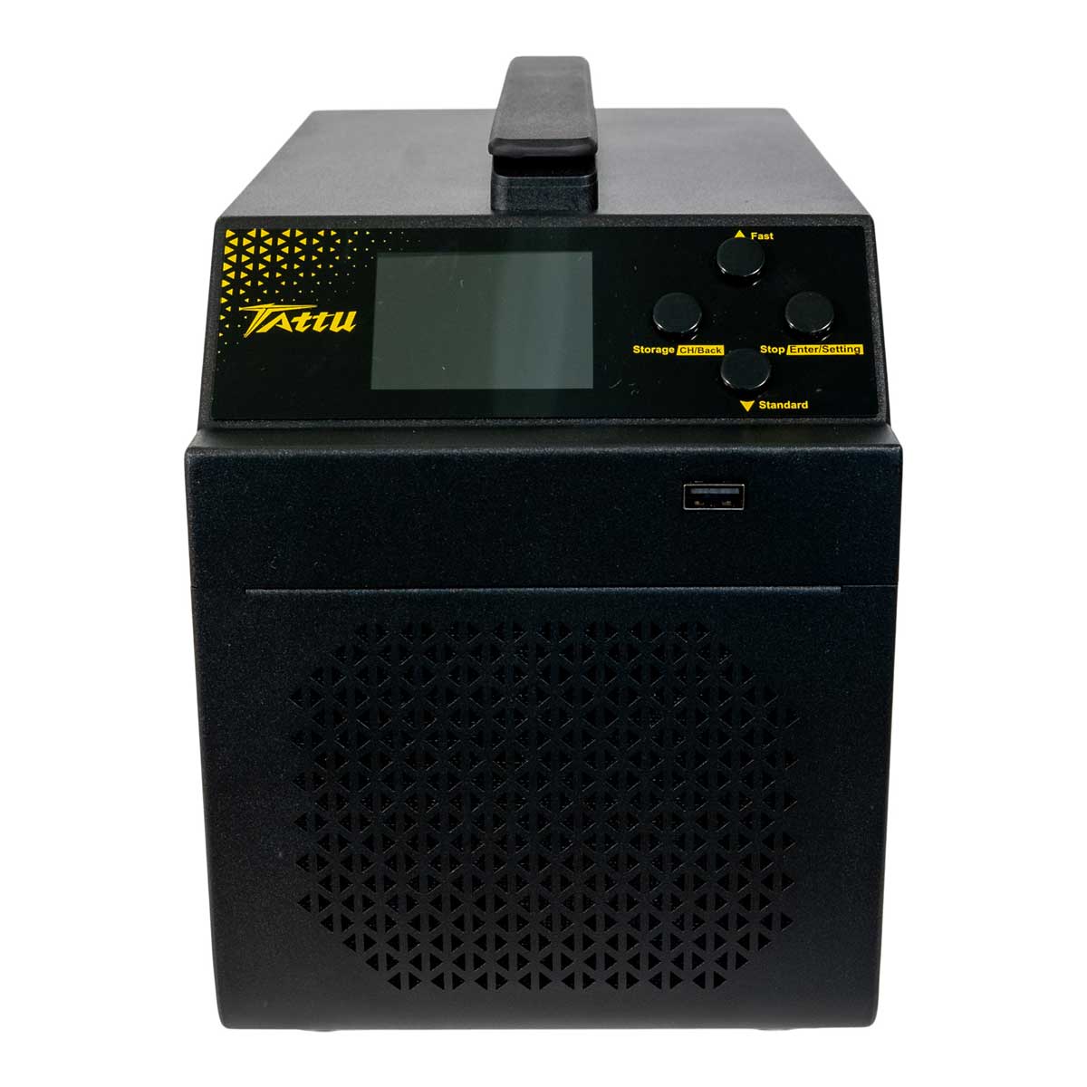 A black portable power station with a digital display screen, control buttons, and a top handle, shown against a plain white background.