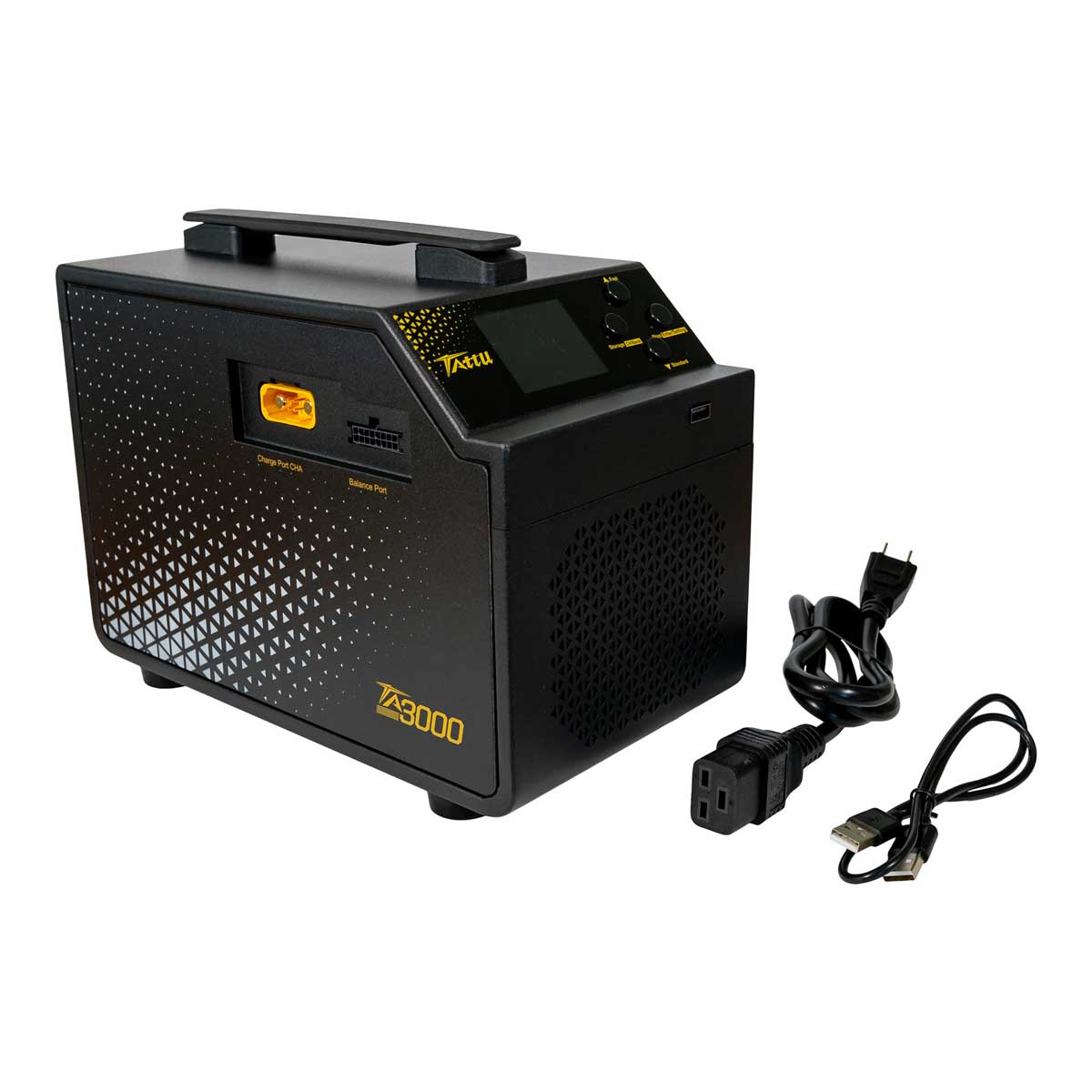 Black power station with cables on a white background