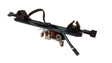 A black carbon fiber plate with integrated mounting brackets, a braided black cable, and a small orange-and-black electronic control module, isolated on a white background.