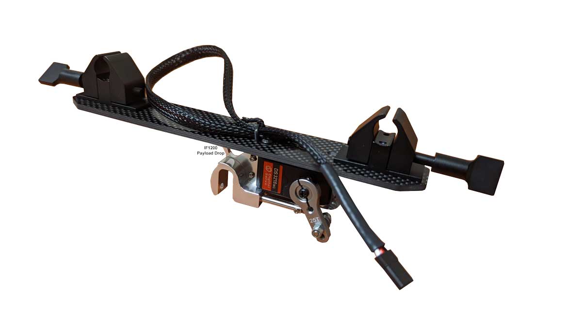 A black carbon fiber plate with integrated mounting brackets, a braided black cable, and a small orange-and-black electronic control module, isolated on a white background.