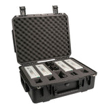 a black equipment case with four white drone batteries and two chargers