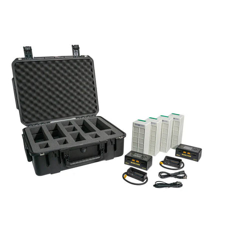 drone flight battery kit and chargers with an equipment case in the background