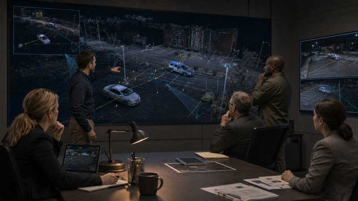 A group of people in a modern office or control room gather around large wall-mounted screens showing a nighttime street scene with marked vehicles and overlaid data lines. One person stands at the left edge pointing toward the screen, while others sit or stand at a desk with laptops, papers, and mugs.