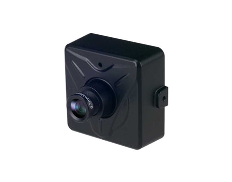 A black square security camera with a prominent front lens and a side mounting bracket, shown on a plain white background.